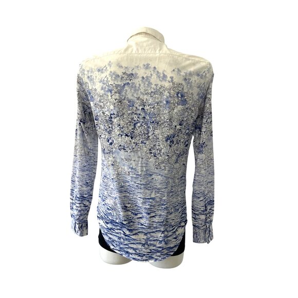 ZARA  Man ~  Slim Fit Blue & White Landscape Print Long Sleeve Shirt - Picture 7 of 10